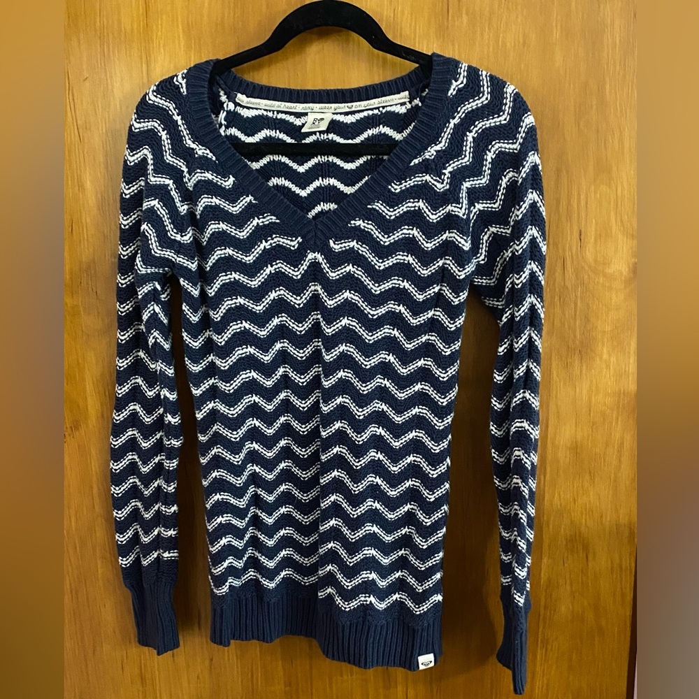 Roxy knitted, sweater. Cotton blend, blue and white stripes. Size large